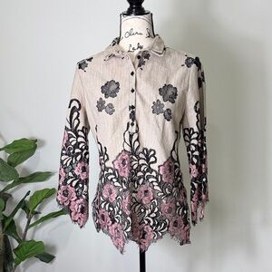 ANNE FONTAINE Lace Floral Blouse Black and Pink Country Western Star Luxury Sz M